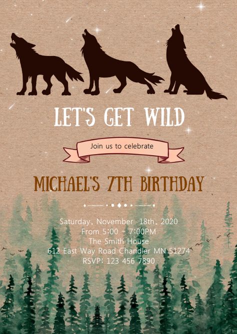 38,230+ wolf birthday invitation Customizable Design Templates | PosterMyWall Wolf Birthday Party, Werewolf Party, Wolf Party, Wolf Birthday, Wolf Craft, Forest Birthday, Jungle Birthday, Themed Wedding Invitations, 10th Birthday Parties