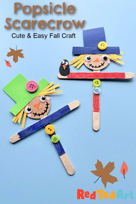 Popsicle Stick Crafts For Thanksgiving, Early Fall Crafts For Kids, Popsicle Stick Scarecrow Crafts For Kids, Craft Stick Scarecrow, Fall Crafts For Elementary Students, Arts And Crafts For Kids November, November Crafts For First Grade, September Crafts For 2nd Grade, After School Group Activities