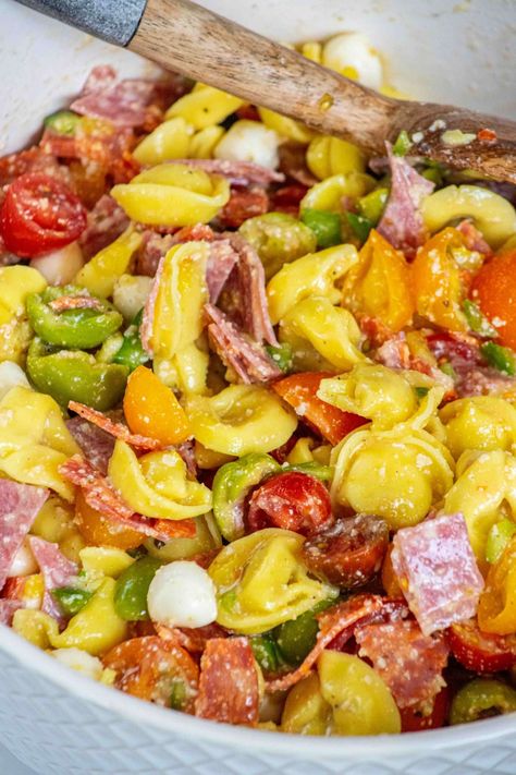 Fast and easy Tortellini Pasta Salad with cheese tortellini, pepperoni, salami, mozzarella, olives, peppers, parmesan and Italian dressing. This Italian Tortellini Pasta Salad Recipe is on a whole new level! Pasta Salad Recipes With Salami, Tortalini Salad, Pasta Salad With Cheese, Easy Tortellini Pasta Salad, Italian Tortellini Pasta Salad, Italian Tortellini Pasta, Salad With Cheese, Tortellini Pasta Salad Recipes, Italian Tortellini