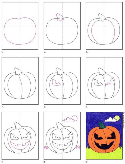 How To Draw A Jack O Lantern, Easy Halloween Drawings Step By Step, Draw A Jack O Lantern, Pumpkin Drawing Ideas, Pumpkin Art Project, Draw Halloween, Halloween Art Projects, Pumpkin Drawing, Diy Drawing