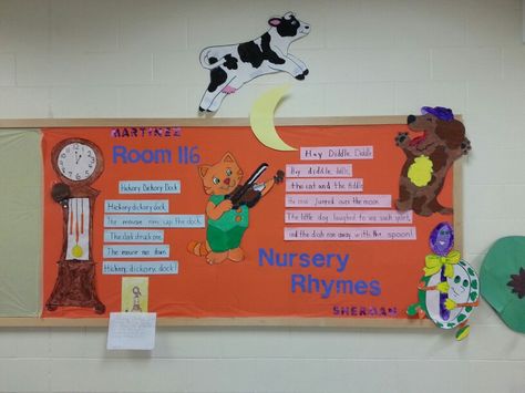 Kindergarten nursery rhymes bulletin board Nursery Rhymes Classroom Decorations, Nursery Rhyme Decorations, Nursery Rhyme Theme, Nursery Songs, Classroom Decor Themes, Phonemic Awareness, Class Activities, New Classroom, Classroom Design