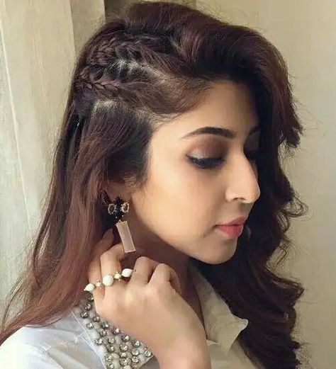 Side Braid Open Hairstyles, One Side Open Hair Hairstyles, One Side Open Hairstyle, Open Hair With Braids, Front Open Hairstyles, Braid Open Hairstyle, Open Hair Braid Hairstyles, Half Open Hairstyles, Lehenga Hairstyles Ideas For Short Hair