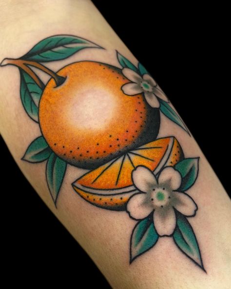 Oranges for Mikella. Thanks for braving this long session on your forearm! It’s tax return season- which means I’m booking out like crazy, and already filling up the first few weeks of April. If you want a tattoo from me but don’t want to wait two months, DM me asap! For tattoo inquiries, please DM me directly. . . . . #tattoo #tattoos #traditional #traditionaltattoo #traditionaltattoos #slc #saltlakecity #slctattoos #saltlakecitytattoos #slctattooshop #slctattooshops #saltlakecitytattoos... Neo Traditional Orange Tattoo, Cute Orange Tattoo, Orange Tattoo Traditional, Blue And Orange Tattoo, Florida Orange Tattoo, Oranges Tattoo, Orange Blossom Tattoo, Tree Tattoo Color, Skin Pictures