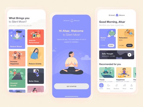 Mindfulness App Design, Self Care App, Moodboard App, Onboarding App, Moon Meditation, Ux Design Portfolio, Wellness App, Mindfulness App, Ui Design Mobile