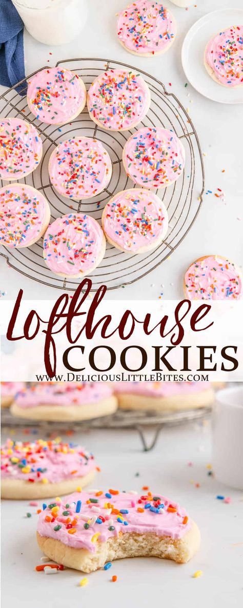 Lofthouse Cookies are soft, fluffy, sweet, melt in your mouth sugar cookies. They are frosted with a creamy, smooth, rich and sweet, buttercream frosting and finished off with sprinkles for that signature Lofthouse cookie look. | #lofthousecookies #sugarcookies #copycatrecipe #cookies #baking Loft House Cookies, Lofthouse Sugar Cookies Recipe, Sweet Buttercream Frosting, Lofthouse Cookie Recipe, Ultimate Cookie Recipe, Cooking Therapy, Fun Snack Ideas, Cookie Frosting Recipe, Lofthouse Sugar Cookies