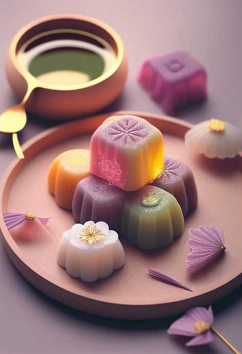 Wagashi Art, Japanese Pastries, Reception Desserts, Japanese Sweets Wagashi, Chibi Food, Sweet Soup, Chocolate Dishes, Food Artwork, Fancy Desserts