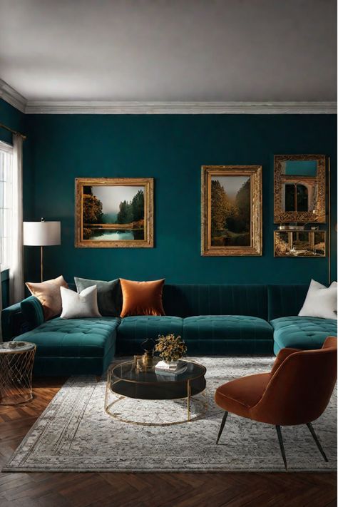 Vibrant living room with personality-filled color palette Teal Walls Living Room, Salon Art Deco, Deco Orange, Tricia Guild, Living Room Transformation, Art Deco Living Room, Living Room Tv Unit, Gallery Wall Living Room, Blue Living Room