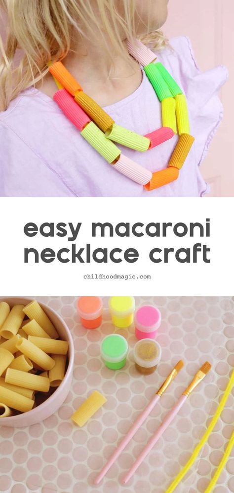 Easy Macaroni Necklace - A Painted Pasta Craft - Macaroni Crafts For Kids Necklaces, Painted Pasta Necklace, Noodle Necklaces For Kids, Macaroni Art Projects, Pasta Noodle Crafts, Pasta Necklaces Preschool, Noodle Necklace, Noodle Necklace Preschool, Macaroni Necklaces Kids Crafts