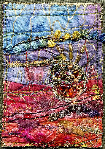 ACEO art quilt  front is fabric, embroidery and beads Word Ideas, Embroidery And Beads, Couture Beading, Mixed Media Textiles, Textile Wall Hangings, Creative Textiles, Fabric Postcards, Fabric Journals, Fabric Embroidery