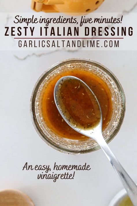 This homemade, zesty Italian dressing is so easy to make and better than the bottled stuff. It's made with simple, whole ingredients that you've likely already got on hand and comes together in just 5 minutes! It's the best vinaigrette for all your favorite green, leafy salads but also makes an amazing marinade for chicken and goes great on pasta salad. Make it with olive oil, white wine vinegar (or red wine vinegar), lemon juice and seasonings. Ready in 5 minutes! Olive Oil Dressing Recipes, Red Wine Vinegar Salad Dressing, Zesty Italian Dressing Recipe, Best Vinaigrette, Sweet And Sour Dressing Recipe, Leafy Salads, Italian Salad Dressing Homemade, Italian Dressing Recipe, Homemade Pasta Salad