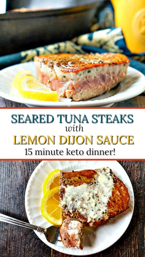 Keto Pepper Tuna Steaks Recipe - meaty tender tuna with a keto lemon dijon sauce and is only 2.9g net carbs! | MyLifeCookbook.com #tunasteaks #tunarecipe #lowcarbrecipes #ketodinnerrecipe #easyfishrecipe #lemondijonsauce #fishsauce #searedtuna Lemon Dijon Sauce, Fresh Tuna Recipes, Best Steak Seasoning, Easy Tuna Recipes, Seared Tuna Steaks, Dijon Cream Sauce, Grilled Tuna Steaks, Tuna Steak Recipes, Dijon Sauce