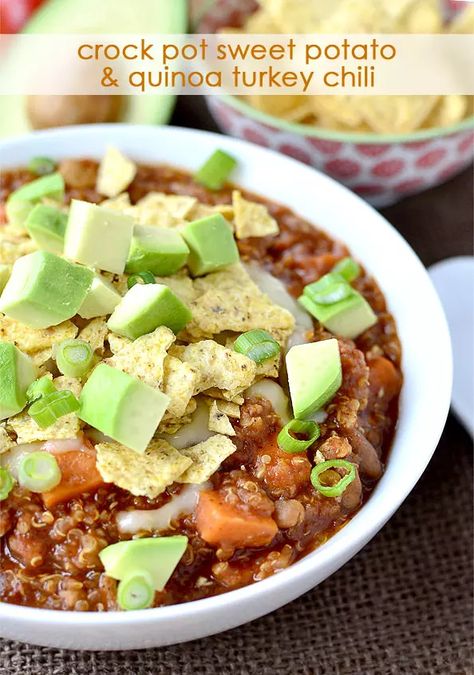 Quinoa Turkey, Sweet Potato And Quinoa, Quinoa Chili Recipe, Crock Pot Sweet Potatoes, Crockpot Breakfast Casserole, Quinoa Chili, Chili Recipe Turkey, Iowa Girl Eats, Crockpot Chili