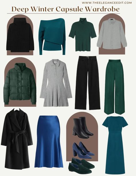 Deep Winter Capsule Wardrobe 2 (1) Deep Winter Capsule Wardrobe, Cool Winter Palette, Deep Winter Palette Outfits, True Winter Color Palette, Cool Winter Color Palette, Deep Winter Palette, Deep Winter Colors, Winter Palette, Capsule Wardrobe Women