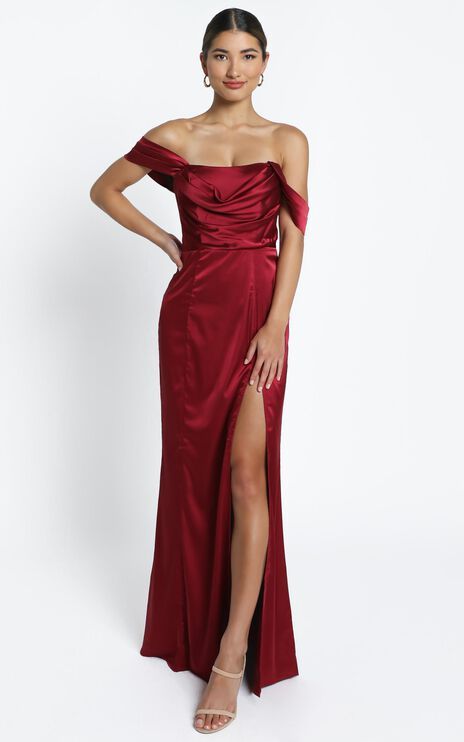 Maroon Satin Dress, Off The Shoulder Dress Formal, Maroon Formal Dress, Sorority Formal Dress, Classic Prom Dress, Silk Prom Dress, Dresses Occasion, Red Satin Dress, Formal Occasion Dress