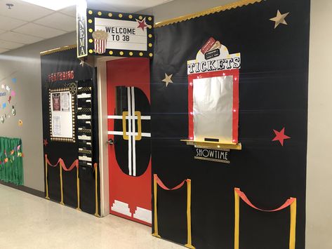 Movie theater classroom Movie Theater Door Decoration, Classroom Movie Theater, Movie Theater Sleepover Ideas, Movie Theatre Classroom Theme, Cinema Classroom Theme, Movie Vbs Decorations, Christmas Movie Office Decorations, Movie Theater Classroom Ideas, Haunted Movie Theater Decorations