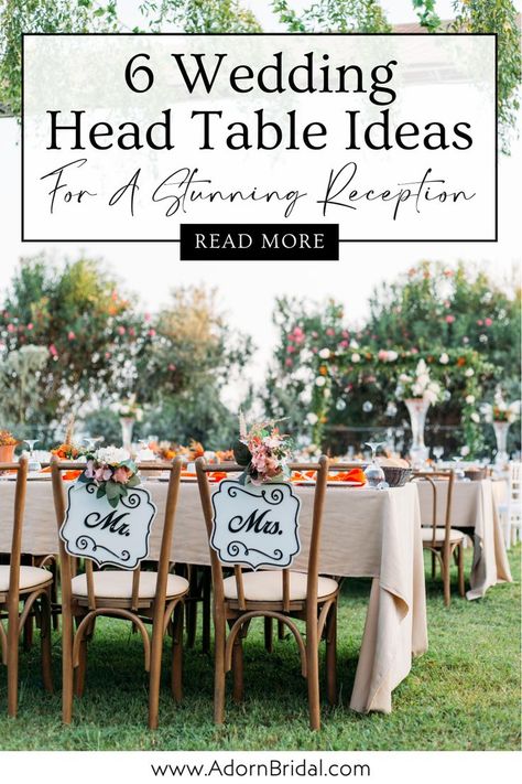 Are you planning your wedding reception seating and looking for wedding head table ideas? This blog post from Adorn Bridal shares different wedding reception head table ideas and head table layouts to help you find what reception table design works best for you. Whether you’re leaning towards a sweetheart table setup or a traditional head table, check out this blog with reception table ideas. Click the link to read now and find the wedding reception seating arrangement that works best for you! Reception Seating Arrangement, Wedding Head Table Ideas, Head Table Ideas, Reception Table Ideas, Wedding Reception Seating Arrangement, Reception Table Layout, Wedding Reception Tables Layout, Wedding Reception Head Table, Reception Head Table