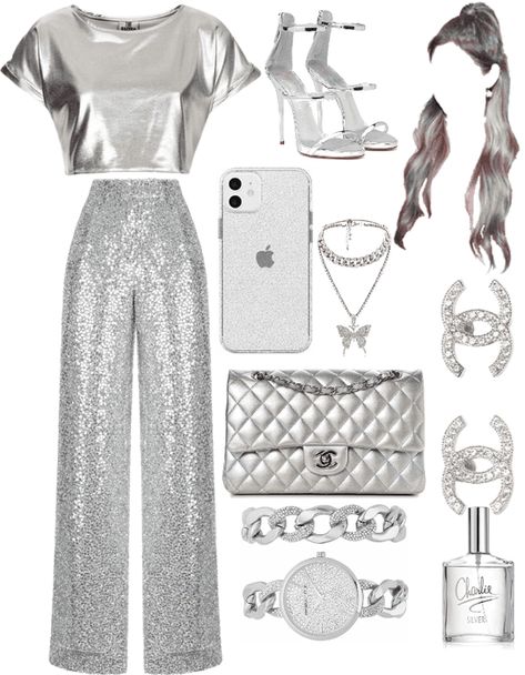 Silver 70s Outfit, Sliver Outfit Party, Silver And Grey Outfit, Grey Party Outfit, White Sliver Outfit, White And Silver Outfits For Women, Silver Theme Outfit, Silver Clothes Fashion, Metallic Theme Party Outfit