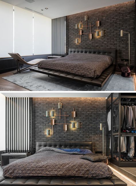 In this modern and masculine bedroom, a dark brick accent wall becomes a backdrop for a lighting sculpture. #Bedroom #ModernBedroom #DarkBrick Man Home Decor, Masculine Apartment, Lighting Sculpture, Brick Accent Wall, Masculine Bedroom, Luxury Bedroom Design, Mens Bedroom, Dekorasi Kamar Tidur, Bedroom Bed Design