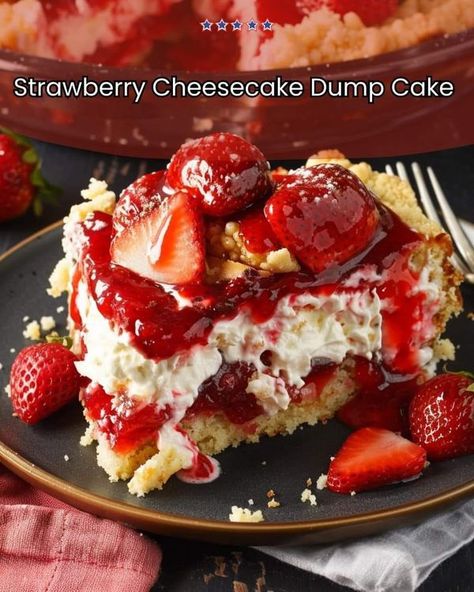 Giada De Laurentiis 🍕🍜 | Strawberry Cheesecake Dump Cake | Facebook Strawberry Foods, Strawberry Cheesecake Dump, Strawberry Cheesecake Dump Cake, Cheesecake Dump Cake, Cheesecake Ideas, Rich Cheesecake, Dump Cake Recipe, Quick Baking, Counter Kitchen