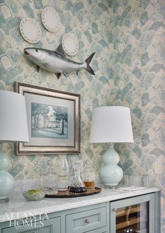 Beautiful Dining Room Decor, Classic Coastal, Beautiful Dining Rooms, Fish Wallpaper, Wallpaper Accent, Atlanta Homes, Wallpaper Accent Wall, Bathroom Trends, Nautical Home