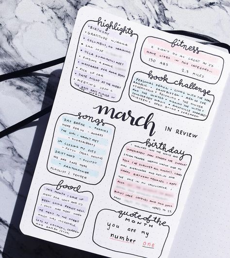 Gabby’s Bullet Journal on Instagram: “✅ March - In Review  My sentimental self is loving how this page turned out! ☺️ I think it’ll be great to look back at each month and see a…” Month In Review Bullet Journal, Month Page Bullet Journal, Monthly Review Bullet Journal, Bullet Journal Monthly Review, Journal Month Page, Month Journal, Month In Review, Empty Notebook, Monthly Favorites