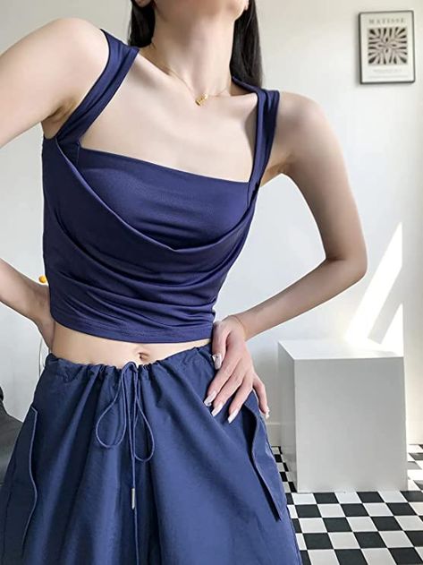 Meladyan Women Sexy Pleated Ruched Crop Tank Top Blue Square Neck Strappy Sleeve Cropped Vest Cami Shirt Clubwear Strappy Crop Top, Vest Crop Top, Cami Shirt, Cropped Vest, Crop Tank Top, Going Out Tops, Create Outfits, Blue Square, U Neck