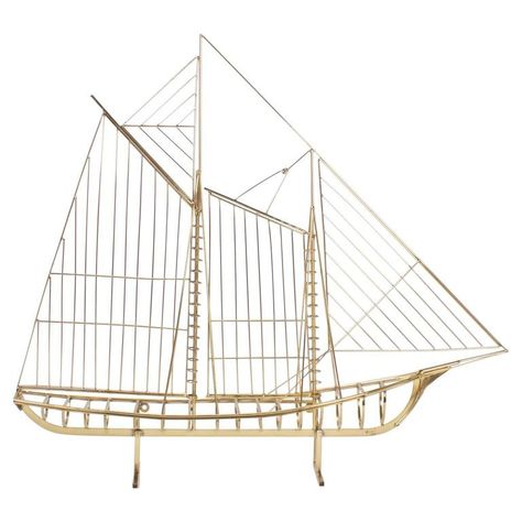 Jere Brass Plated Sailboat Model Ship Sculpture, Sailboat Wall Decor, Modern Wall Sculptures, Model Sailboat, Curtis Jere, Oversized Art, Mid Century Modern Walls, Nautical Design, Jonathan Adler