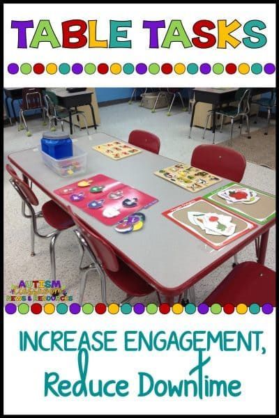 Table tasks are a way to keep your students engaged and reduce downtime. Check out why and how I use them in special education classrooms. #autismclassroom #specialeducation #settingupclassroom Pk4 Classroom, Sensory Corner, Special Education Classroom Setup, Asd Classroom, Sped Classroom, Life Skills Classroom, Self Contained Classroom, Classroom Layout, Teaching Special Education