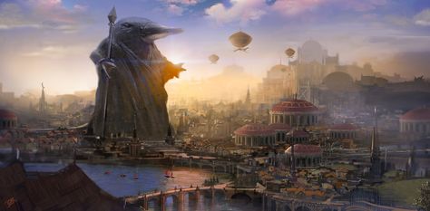 Stephan Martiniere, Fantasy Cities, Illustration Fantasy, Illustration Manga, Fantasy City, Fantasy Castle, Fantasy Places, Fantasy Setting, Matte Painting