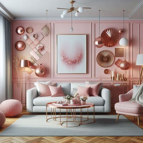 Pink Living Room Rose Gold Accent Wall Gold Living, Easy Decor, Pink Living Room, Apartment Decor Inspiration, Clever Storage Solutions, Elegant Home Decor, Living Room Ideas, Simple Decor, Apartment Decor