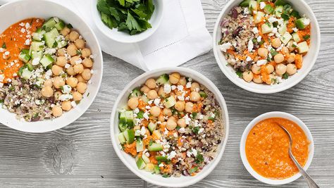 Stater Bros Recipes Chickpea Quinoa Bowl, Diet Lunches, Chickpea Quinoa, Mediterranean Chickpea, Roasted Red Pepper Sauce, Easy Mediterranean Diet Recipes, Overnight Oat, Red Pepper Sauce, Quinoa Bowl