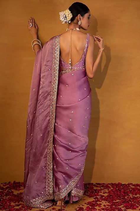 Buy Wedding Wear for Guests Online 2024 Lavender Saree Outfit, Lavender Saree Look, Lavender Sari, Lavender Sarees, Lavender Organza Saree, Cocktail Sarees, Lavender Saree, Saree Organza, Embroidery Sarees