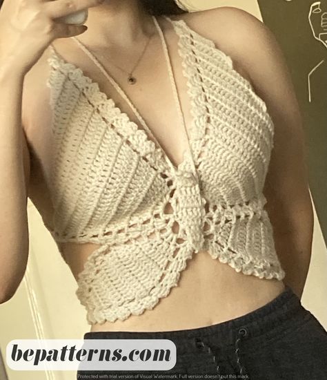 Crochet Aesthetic Butterflies | Easy Free Patterns | Cozy for Beginners Butterfly Crop Top Crochet, Crochet Fairy Top Pattern, Butterfly Shirt Crochet, Crochet Butterfly Tops, Crochet Butterfly Top Outfit, Crochet Tops Butterfly, Butterfly Top Crochet Pattern Free, Fairy Top Crochet, Crochet Brallete Pattern Free