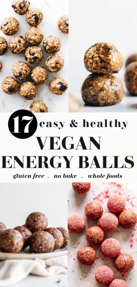 Try any one of these healthy and easy no bake (raw!) vegan energy balls! These delicious snacks are gluten free, dairy free, and packed with energy and protein. Made with a mix of ingredients including peanut butter (or nut free!), dates, almonds, coconut, and more! Vegan Energy Balls, Dairy Free Protein, Snack Balls, Gluten Free Protein, Energy Ball Recipe, Healthy Vegan Snacks, Protein Balls, Vegan Peanut Butter, Bliss Balls