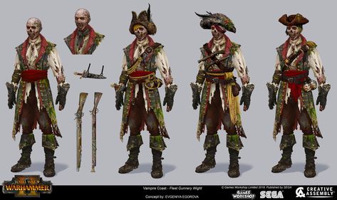 Vampire Coast Fleet Gunnery Wight, Creative Assembly on ArtStation at https://www.artstation.com/artwork/QznLJ8 Warhammer Vampire Coast, Undead Costume, Vampire Coast, Warhammer Concept Art, Total Warhammer, Warhammer Vampire, Warhammer Vampire Counts, Vampire Lord, Warhammer Fantasy Roleplay