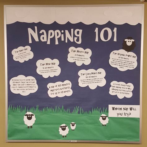 Napping 101 - Bulletin Board - made by Samantha Gillihan Nap Time Bulletin Boards, Bulliten Board Ideas College, Educational Bulletin Board Ideas, Bulletin Board Design Classroom, Bulliten Board Design, Ra Decorations Hallways, Wellness Bulletin Boards, Aesthetic Bulletin Board, Ra Event Ideas