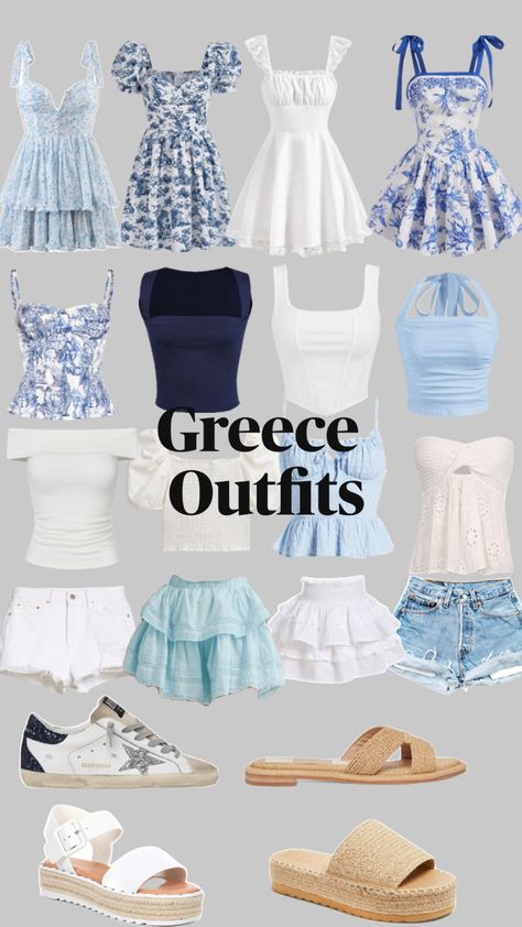 Greece Outfit Ideas Summer Packing Lists, Paris Fits Summer, Greece Inspired Outfits, Greek Summer Outfits, Mama Mia Outfits, Mediterranean Outfit, Greece Fits, Beachy Clothes, Spanish Outfits