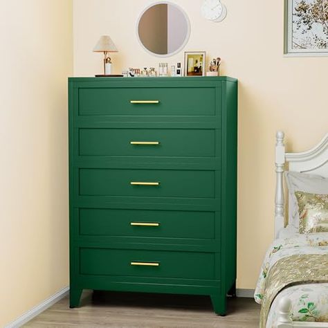 Green Changing Table, Tall White Dresser, Metal Dresser, Bedroom Remodel Ideas, Tall Storage Cabinet, Green Dresser, Dresser For Bedroom, 5 Drawer Dresser, Dresser Organization