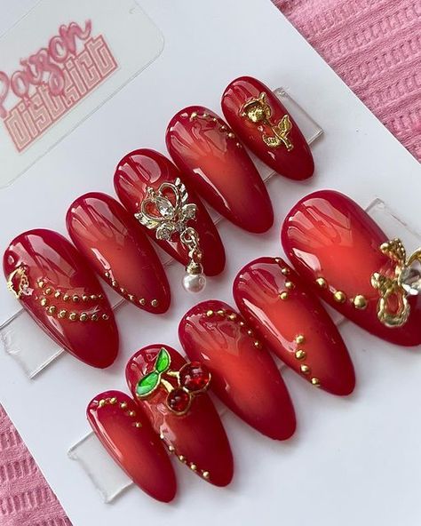 Cherry Press On Nails, Cherry Charm Nails, Nude Nails Natural, Cherry Mocha Nails, Cake Nails, Chipped Nails, No Chip Nails, Aura Nails, Weird Thing