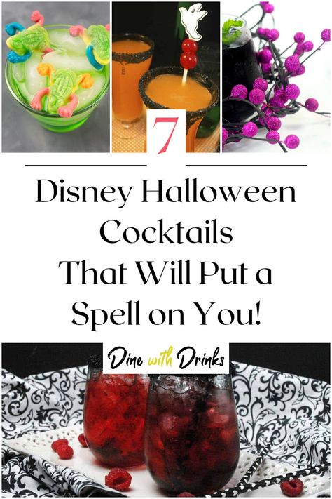 Collage of 4 disney halloween cocktails. Disney Villan Cocktail, Disney Villains Drinks, Disney Villain Cocktails, Disney Mocktail, Halloween Movie Cocktails, Haunted Mansion Drinks, Villain Cocktails, Disney Villain Food, Disney Villain Halloween Party