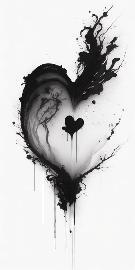 Black Broken Hearts Background, Heart Graffiti Art, Ink Painting Ideas, Black Heart Wallpaper, Polka Tattoo Designs, Eevee Wallpaper, Black Heart Tattoos, Trash Polka Tattoo Designs, Trash Polka Tattoos