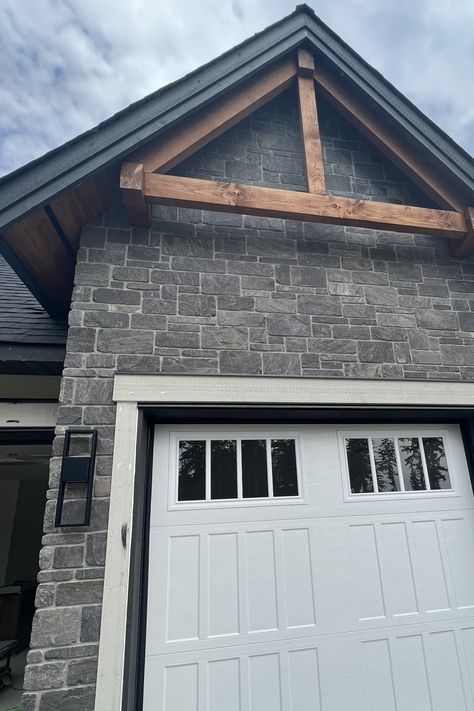 Stone With Black Siding, Grey Stone House Exterior, Dark Grey Siding, Grey Stone House, Dark Grey Houses, Traditional Meets Modern, Grey Siding, White Siding, Dark Trim