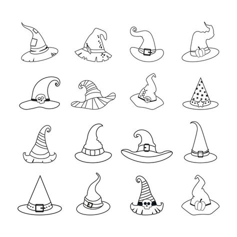 Simple Witch Hat Tattoo, Witch Hat Doodle, Witches Hat Doodle, Cartoon Witch, Halloween Witch Hat, Black And White Style, Halloween Party Costumes, Witch Hat, Cartoon Kids