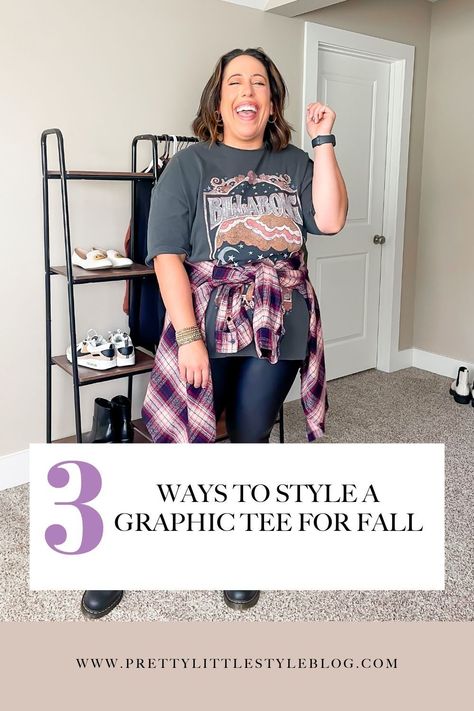 3 ways to style a graphic tee for fall. If you're a curvy girl looking for some ways to style your oversized graphic tee check out this post! Has 3 different midsize fall outfits included. Fall Graphic Tee Outfit, Plus Size Graphic Tee Outfit, Tshirt Outfits Women, Black Graphic Tee Outfit, Style A Graphic Tee, Midsize Fall Outfits, Tee Outfits, Midi Skirt Casual, Casual Fall Outfit