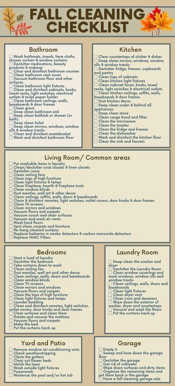 Fall Cleaning List, Fall Cleaning Checklist, Deep Cleaning Checklist, Cleaning And Organizing, Home Maintenance Checklist, Fall Cleaning, Homemade Cleaning Solutions, House Cleaning Checklist, Cleaning Guide