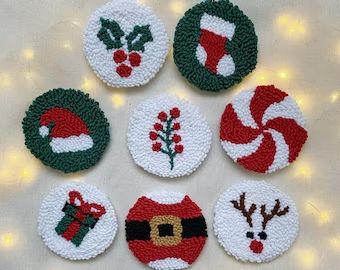 Punch needle coaster - Etsy Christmas Punch Needle, Punch Needle Coaster, Needle Punching, Rug Tufted, Rug Christmas, Christmas Punch, Cup Coasters, How To Make Coasters, Punch Needle Patterns