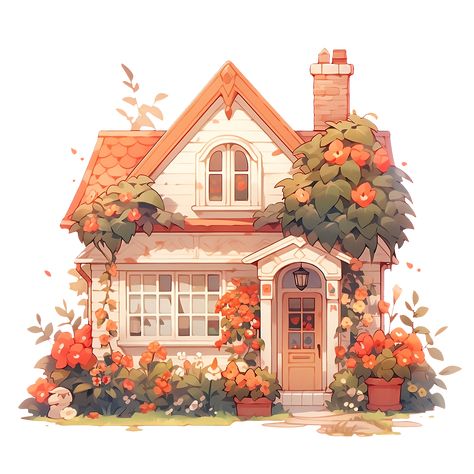 Cozy Cottage with Summer Flowers in Rustic and Cottagecore Style Sticker Cottagecore House Drawing, Small Aesthetic House Exterior, Drawing Of Cottage, Cute Home Drawing, Home Watercolor Illustration, House Drawing Aesthetic, Cute Cottage House Exterior, Cottage Cozy House, Flower House Drawing