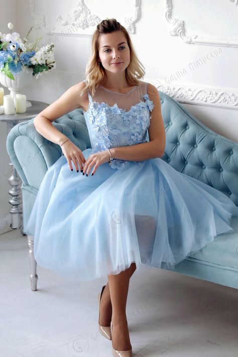 Blue Short Bridesmaid Tutu Dress, Blue Wedding Dress with 3D Flowers, Short Wedding Dress, Illusion Neck Evening Dress, Knee-length dress by MagicDressesByGM on Etsy https://www.etsy.com/listing/589269459/blue-short-bridesmaid-tutu-dress-blue Sky Blue Wedding Dress, Wedding Dress With 3d Flowers, Sky Blue Wedding, Dress With 3d Flowers, Wedding Dress Illusion, Sky Blue Weddings, Lace Top Wedding Dress, Tulle Corset, Lace Sweetheart Wedding Dress