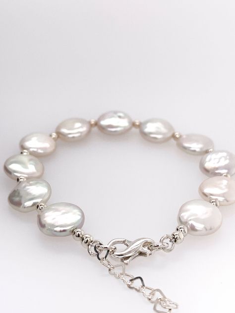 Sterling Silver Pearl Bracelet With Pearl Charm, Luxury Silver Pearl Bracelet With Pearl Drop, Luxury Silver Pearl Bracelet With Pearl Charm, Silver Pearl Bracelet With Hand-strung Round Beads, Nickel-free Silver Pearl Bracelets, Coin Bracelet, Heart Chain, Silver Bead Bracelet, Freshwater Pearl Bracelet