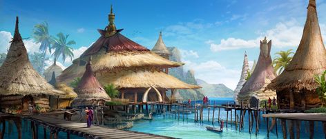 ArtStation - African Fishing Village Environmental Artwork, Village Painting, Fantasy Village, Ancient Village, Fantasy Island, Location Inspiration, Afrocentric Art, Building Art, Fantasy City